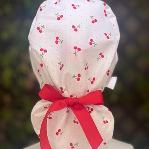 Mini Pink cherry scrub cap with ponytail, ponytail scrub cap with satin lining, surgical cap with buttons, summer scrub cap,