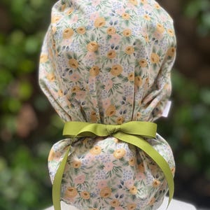 Rosa in cream Scrub cap, Ponytail scrub cap with satin lining, scrub cap with buttons, nurse cap, surgical hat,