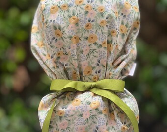 Rosa in cream Scrub cap, Ponytail scrub cap with satin lining, scrub cap with buttons, nurse cap, surgical hat,