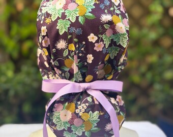 Rifle Paper Co Scrub cap, Ponytail scrub cap with satin lining, scrub cap with buttons, surgical hat, Fall scrub cap, Autumn scrub cap