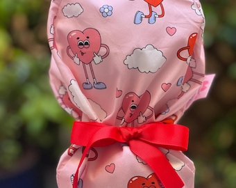 Cuffia chirurgica con coda di cavallo di San Valentino, cuffia chirurgica da donna, cuffia chirurgica, cuffia chirurgica a forma di cuore, cuffia chirurgica con fodera in raso, cuffia chirurgica