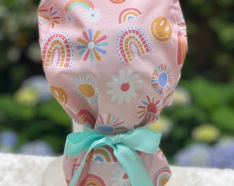 Boho Rainbow Cotton Ponytail Scrub Cap with Satin Lining & Buttons