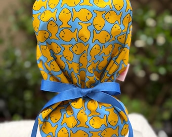 Gold Fish Crackers Cotton Ponytail Scrub Cap, Satin Lined Nurse Cap