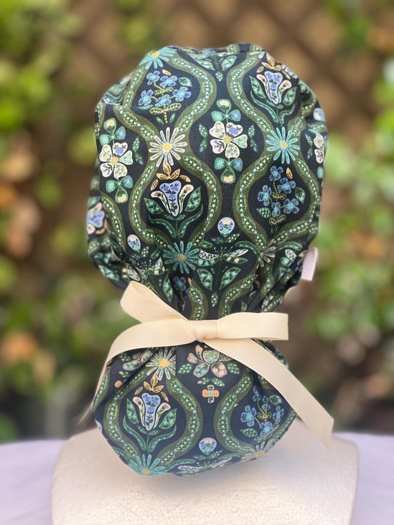 Rifle Paper Co Scrub cap, Ponytail scrub cap with satin lining, scrub cap with buttons, surgical hat, Fall scrub cap, Autumn scrub cap