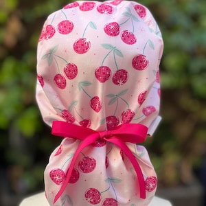 Pink cherry scrub cap with ponytail, ponytail scrub cap with satin lining, surgical cap with buttons, summer scrub cap,