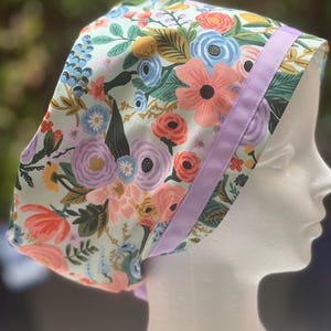 Euro style scrub cap, scrub cap with satin lining option, scrub cap with buttons option,  Satin lined euro scrub cap, Rifle paper scrub cap