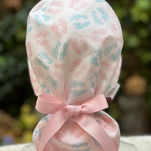 Obstetrics scrub cap, Nurse  Ponytail scrub cap,  Satin Lined Scrub cap,labor and delivery nurse cap, baby footprint scrub cap
