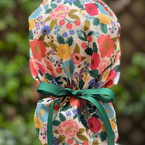 Rifle Paper Co Scrub cap, Ponytail scrub cap with satin lining, scrub cap with buttons, nurse cap, surgical hat, garden vintage cream