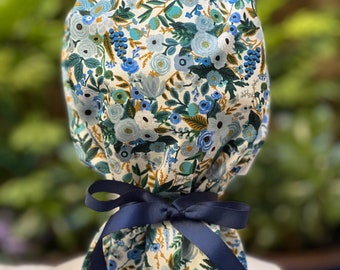 Floral Ponytail Scrub Cap: Satin Lined Cotton Surgical Cap with Buttons