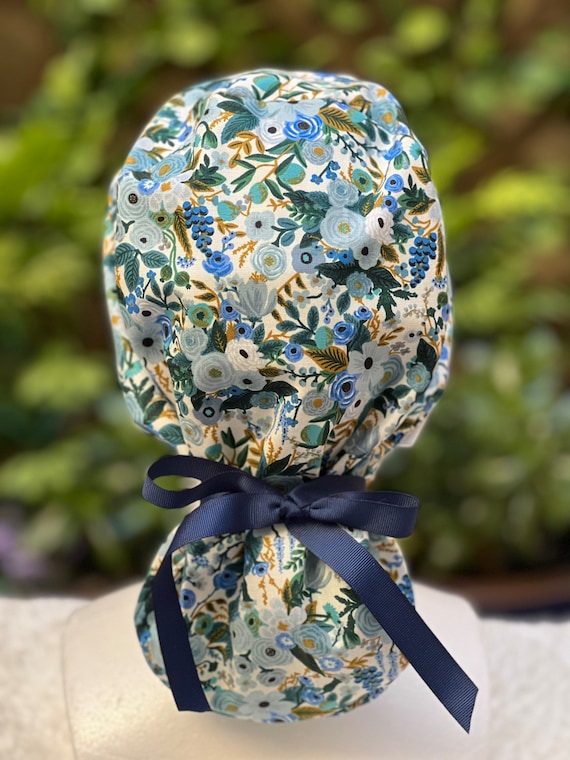 Floral Ponytail Scrub Cap: Satin Lined Cotton Surgical Cap with Buttons