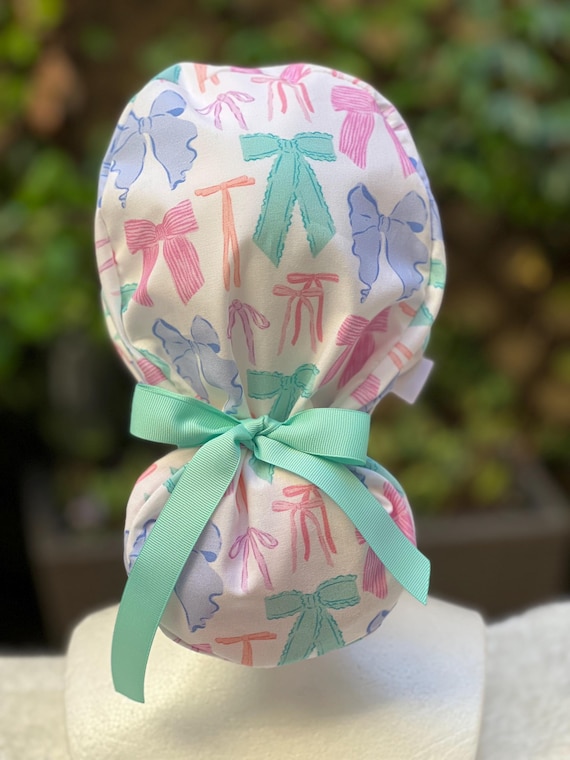 Bows scrub cap, ribbon Scrub cap, Nurse Anesthesiologist Ponytail scrub cap, Nurse Anesthetist Satin Lined Scrub cap, Nurse cap
