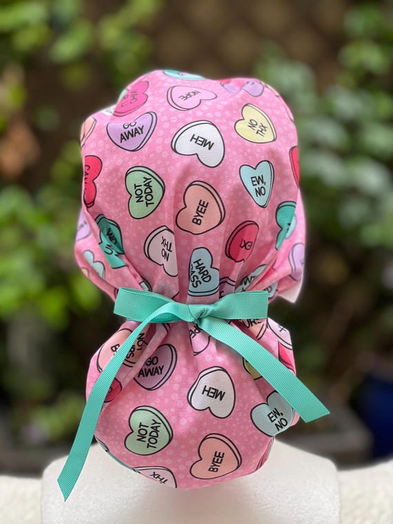 Ponytail scrub cap, CRNA Scrub cap, Nurse Anesthesiologist Ponytail scrub cap, Nurse Anesthetist Satin Lined Scrub cap, heart scrub cap