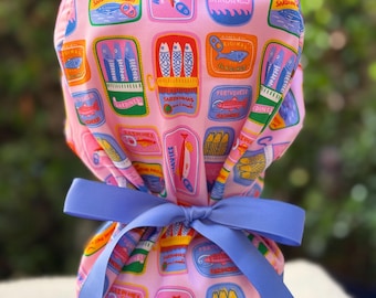 Sardines scrub cap, ribbon Scrub cap, Nurse Anesthesiologist Ponytail scrub cap, Nurse Anesthetist Satin Lined Scrub cap, Nurse cap
