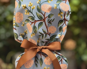 Ponytail scrub cap, rifle paper scrub cap, floral scrub cap, satin lined scrub cap, surgical cap, scrub cap with buttons