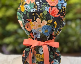 Ponytail scrub cap, rifle paper scrub cap, floral scrub cap, satin lined scrub cap, surgical cap, scrub cap with buttons