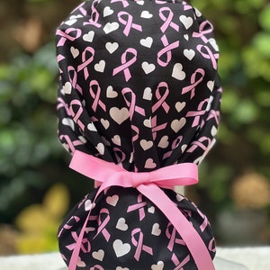 Pink Ribbon Ponytail scrub cap, satin lined scrub cap, surgical cap for women, scrub cap with buttons