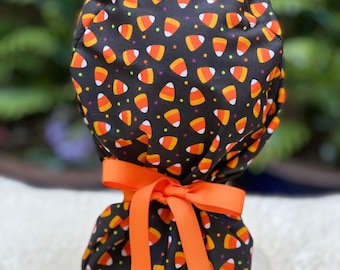 Candy corn scrub cap, Halloween scrub cap, fall scrub cap, autumn scrub cap, ponytail scrub cap with satin lining option, surgical cap
