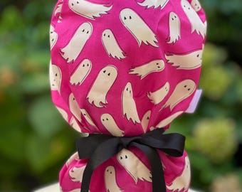 Pink ghost scrub cap, fall scrub cap, autumn scrub cap, Halloween scrub cap, ponytail scrub cap with satin lining, surgical cap