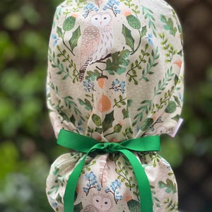 Spring Scrub cap, Ponytail scrub cap with satin lining, scrub cap with buttons, nurse cap, surgical hat, owl scrub cap