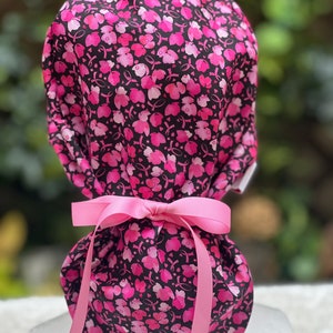 Pink Ribbon Ponytail scrub cap, satin lined scrub cap, surgical cap for women, scrub cap with buttons