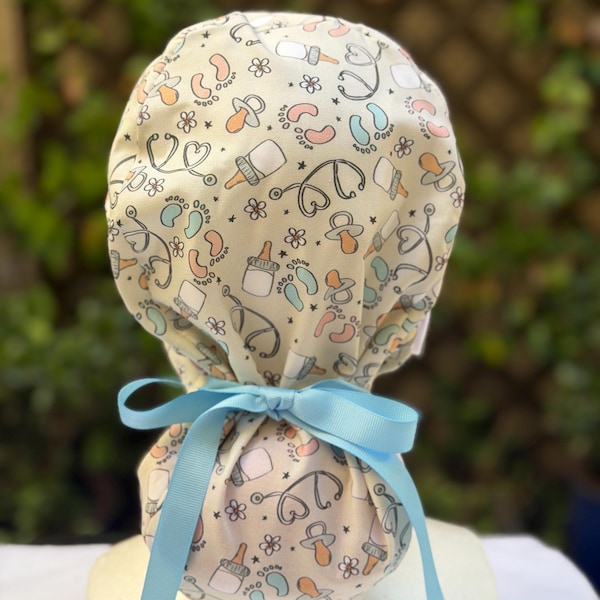 L&D Scrub cap, baby scrub  cap, Labor and Delivery scrub cap, satin-lined scrub cap, NICU scrub cap