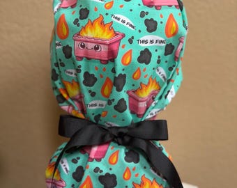 Dumpster Fire Cotton Ponytail Scrub Cap, Satin Lined Nurse Cap