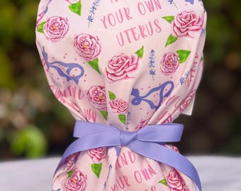 Obstetrics scrub caps, OBGYN scrub cap, uterus scrub cap, Labor and Delivery scrub cap, ponytail with satin lining scrub cap