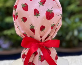 Strawberry Cotton Ponytail Scrub Cap: Surgical Cap with Buttons