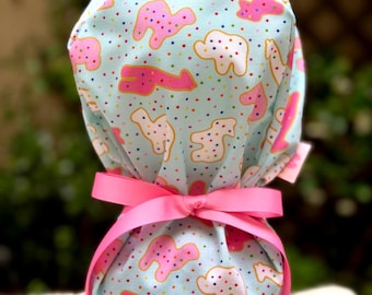 Animal Crackers Blue Cotton Ponytail Scrub Cap, Satin Lined Nurse Cap
