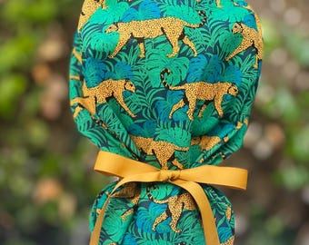 Green and Gold Leopard scrub caps,scrub caps for women,  scrub caps for women ponytail,    surgical scrub caps, satin lined scrub cap