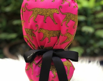 Pink Leopard Cotton Scrub Cap: Ponytail Surgical Cap