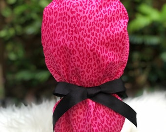 Pink Leopard Print Cotton Scrub Cap: Ponytail Style