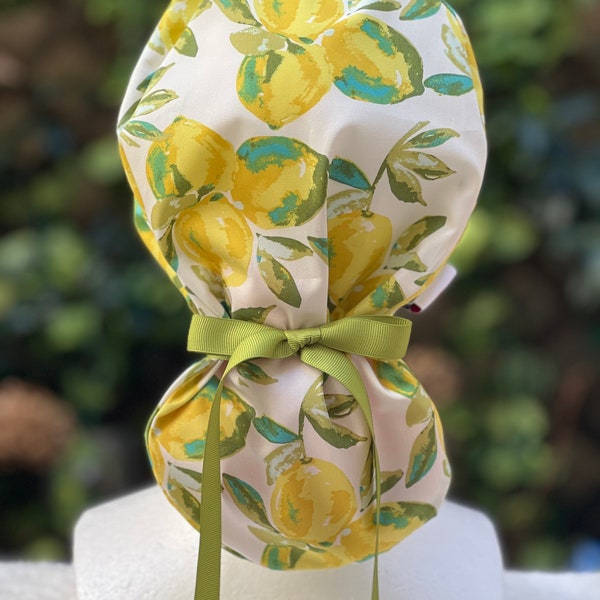 Lemon  scrub caps,scrub caps for women,  scrub caps for women ponytail,  Lime scrub caps,  surgical scrub caps, satin lined scrub cap