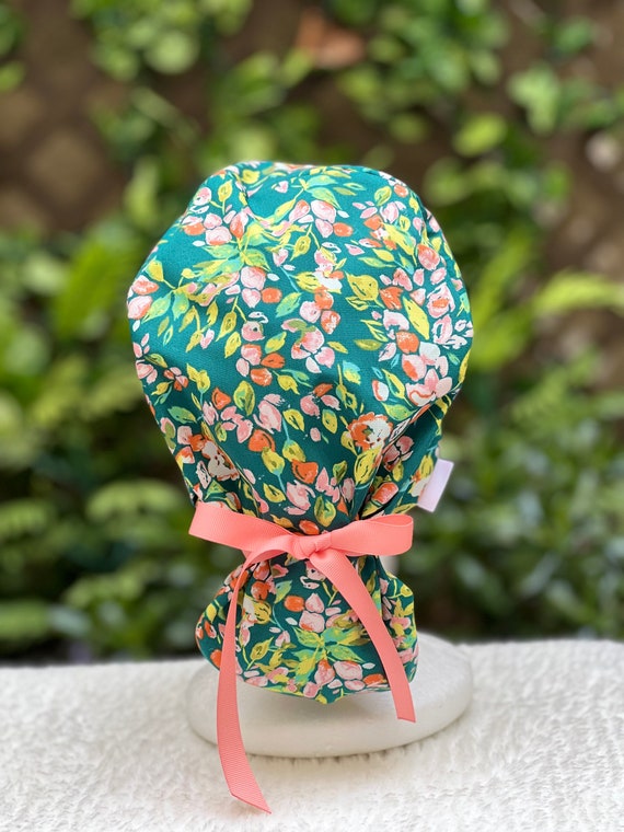 Satin lined ponytail scrub cap, surgical cap with buttons, scrub cap with satin lining, surgical hat for women, floral scrub cap