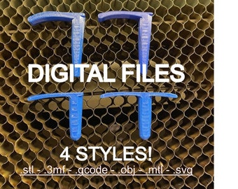 May include: Two blue 3D printed objects shaped like a T, with the text "DIGITAL FILES" and "4 STYLES!" below. The text below the objects reads "stl - 3mf - acode - obj - mtl - svg".