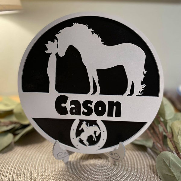 Little boy and his horse name sign. Wall art. Laser cut. Digital file. SVG