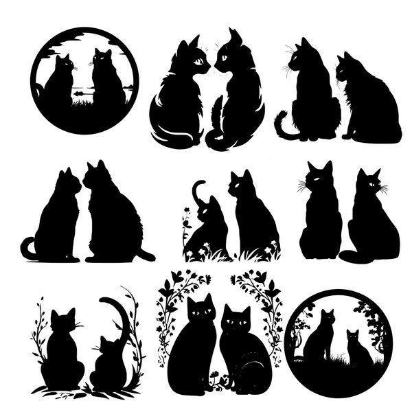 110 Cat Silhouette Bundle #1 w/Commercial use, black and white, 55 pairs/110 Cats total [Digital svg Download Only]
