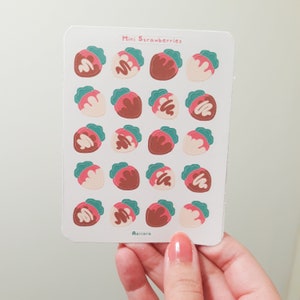 Feuille d'autocollants fraises au chocolat | Fraises de la Saint-Valentin | Sticker mini fraises mignonnes