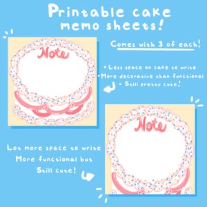 Cute Cake Memo Sheet Set Printable | Digital Download memo | Cute Memo sheet