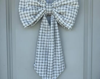 Fall wreath bow, Fabric Wreath Bow, Large Fabric Bow, Bow, Front Door Bow, Gingham Bow, Gray Gingham Bow