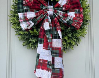 Laço de Natal, Laço de Patchwork de Natal, Laço de Natal, Laço de Guirlanda de Inverno, Laço de Guirlanda de Tecido, Laço Grande de Tecido, Laço, Laço de Porta da Frente