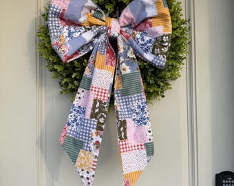Patchwork  Bow, Spring Patchwork Bow, Neutral Bow, spring wreath bow, Fabric Wreath Bow, Large Fabric Bow, Bow, Front Door Bow