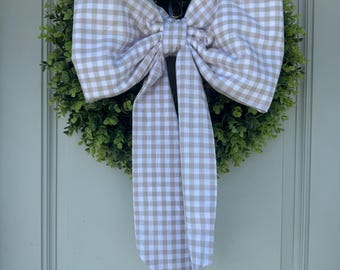 Beige Gingham Bow, Gingham Bow, Neutral Bow, Fall wreath bow, Fabric Wreath Bow, Large Fabric Bow, Bow, Front Door Bow