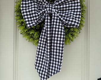 Black Gingham Bow, Gingham Bow, Neutral Bow, Fall wreath bow, Fabric Wreath Bow, Large Fabric Bow, Bow, Front Door Bow