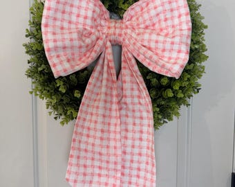 Laço xadrez rosa, laço festivo, laço vichy rosa, laço para guirlanda de inverno, laço de tecido para guirlanda, laço grande de tecido, laço, laço para porta de entrada