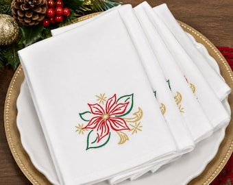 Embroidered Poinsettia Christmas Napkins - Holiday Cotton Napkins, Set of 6