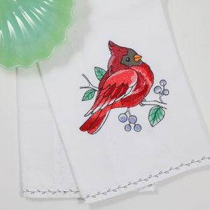 Embroidered Cardinal Tea Towel: Spring Kitchen Decor