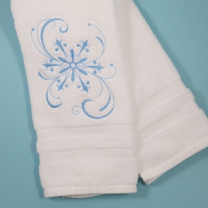 Embroidered Blue Snowflake Towel, Cotton Hand Towel, Winter Decor Gift, Powder Room Towel, Holiday Decor, Christmas Bathroom Decor