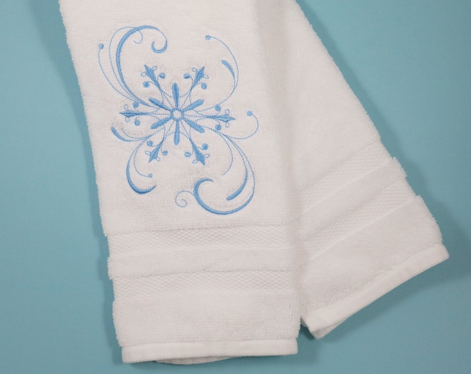 Embroidered Blue Snowflake Towel, Cotton Hand Towel, Winter Decor Gift ...