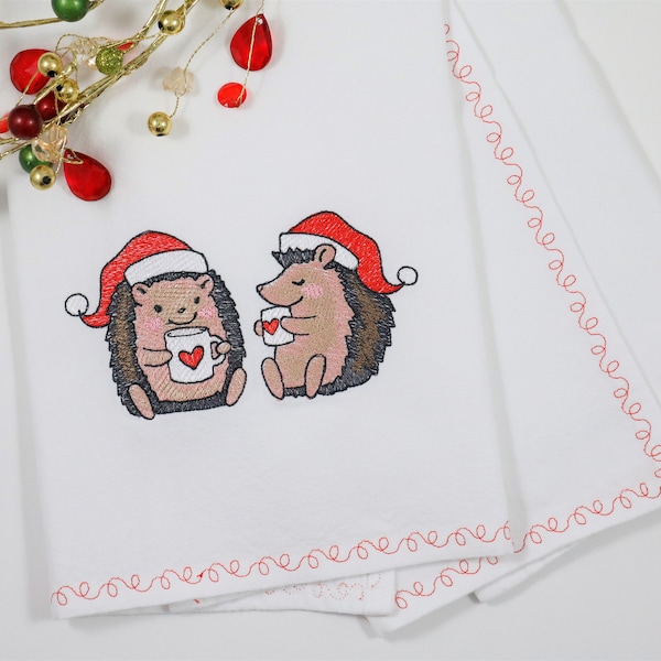 Embroidered Christmas Hedgehogs, Hedgehog Towel, Cotton Hand Towel, Kitchen Decor, Bathroom Towel, Holiday Decor, Christmas Decorations